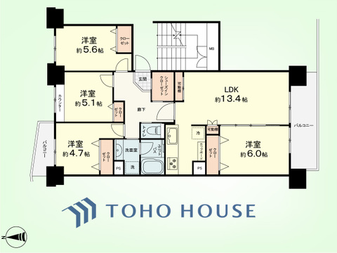 4LDK　専有面積80.66平米、バルコニー面積10.59平米