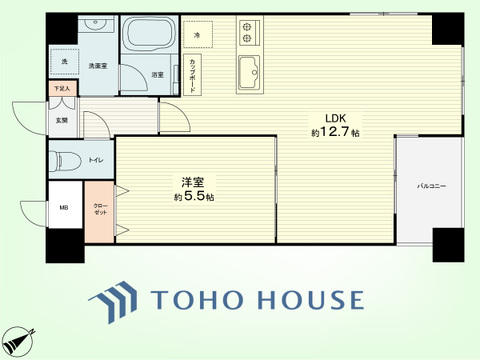1LDK　専有面積45.65平米、バルコニー面積3.75平米