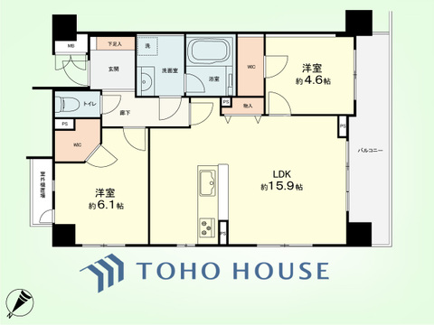 2LDK　専有面積61.65平米、バルコニー面積8.64平米