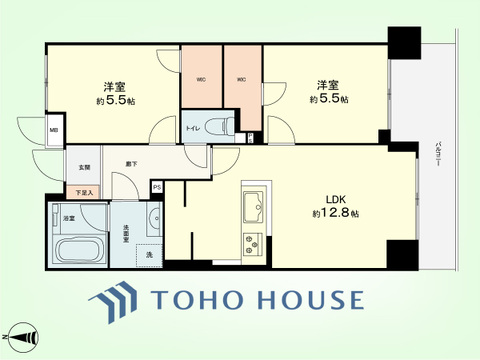 2LDK　専有面積55.55平米、バルコニー面積7.85平米