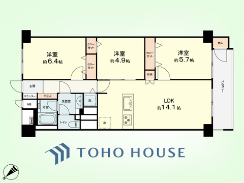 3LDK　専有面積68.66平米、バルコニー面積6平米