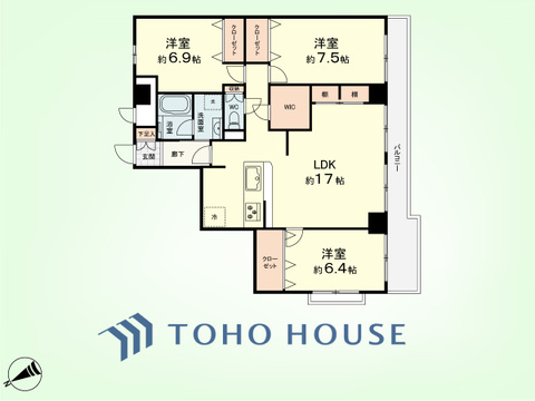3LDK　専有面積88.58平米、バルコニー面積11.38平米