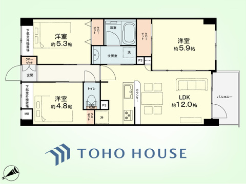 3LDK　専有面積60.38平米、バルコニー面積3.99平米