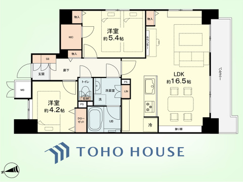 2LDK　専有面積60.46平米、バルコニー面積6.97平米