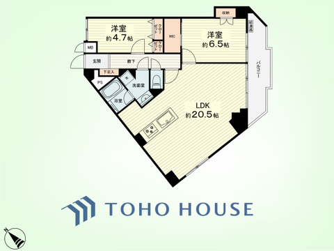 2LDK　専有面積77.90平米、バルコニー面積7.98平米