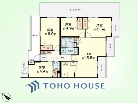 4LDK　専有面積79.57平米、バルコニー面積7.17平米、ルーフバルコニー面積16.49平米