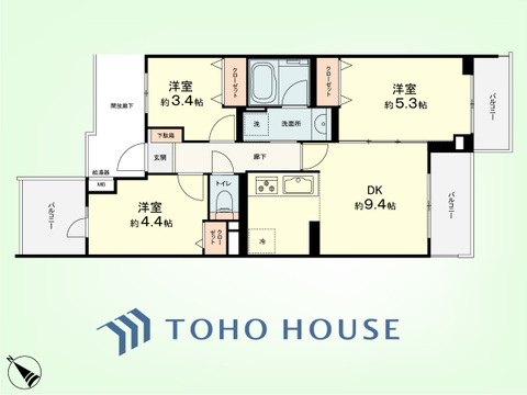 3DK　専有面積52.84平米、バルコニー面積10.61平米