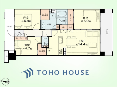 3LDK　専有面積72.45平米、バルコニー面積12.60平米