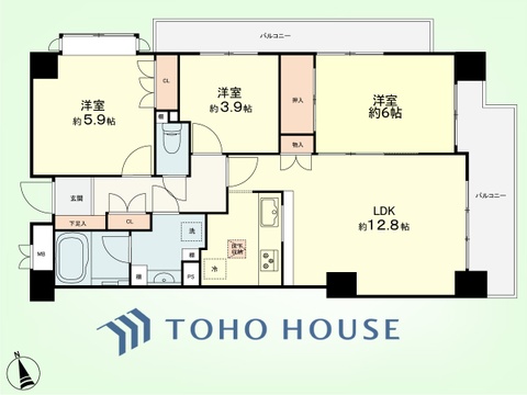 3LDK　専有面積65.83平米、バルコニー面積13.97平米