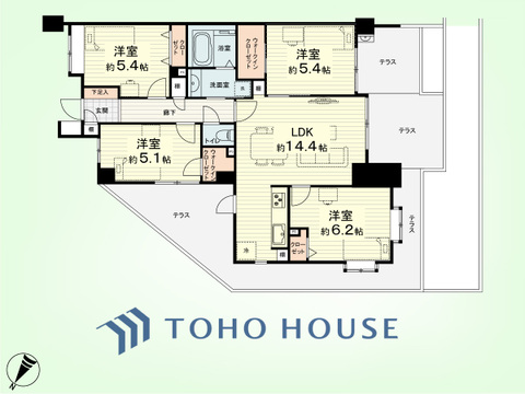 4LDK　専有面積80.87平米、テラス面積38.25平米