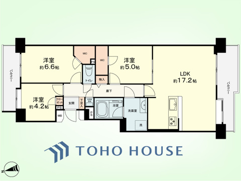 3LDK　専有面積74.57平米、バルコニー面積13.67平米