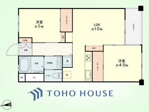 2LDK　専有面積45.36平米、バルコニー面積2.9平米