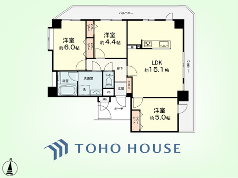 3LDK　専有面積66.58平米、バルコニー面積17.89平米