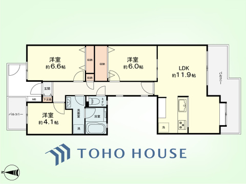 3LDK　専有面積73.46平米、バルコニー面積13.47平米