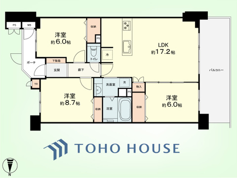 3LDK+TR　専有面積75.54平米、バルコニー面積13.8平米