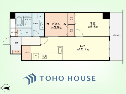 1SLDK+パントリー　専有面積55.08平米、バルコニー面積7.56平米