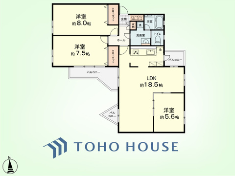 3LDK　専有面積82.04平米、バルコニー面積9.63平米