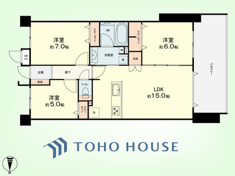 3LDK　専有面積70.20平米、バルコニー面積13.62平米
