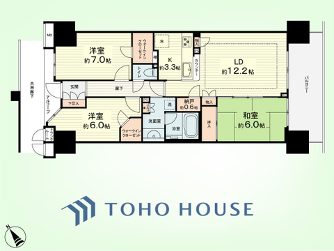 3LDK+納戸、リネン庫、TR　専有面積78.61平米、バルコニー面積12.20平米