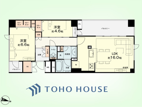 2LDK+TR　専有面積67.02平米、バルコニー面積12.88平米