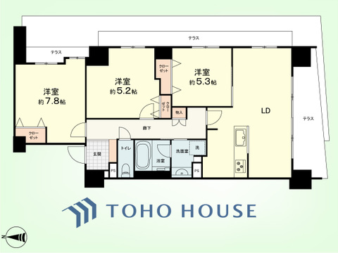 3LDK　専有面積76.53平米、テラス面積19.23平米