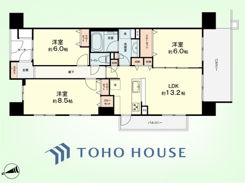 3LDK　専有面積76.32平米、バルコニー面積15.1平米