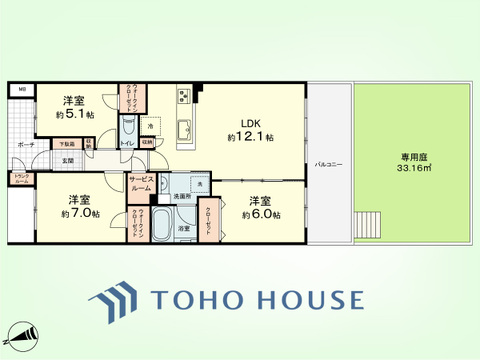 3LDK+TR、サービスルーム　専有面積75.71平米、バルコニー面積13.40平米、専用庭13.40平米