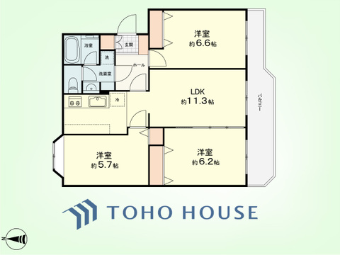 3LDK　専有面積68.30平米、バルコニー面積9.03平米