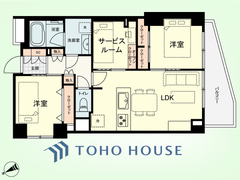 2SLDK　専有面積60.89平米、バルコニー面積6.85平米