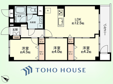 3LDK　専有面積58.50平米、バルコニー面積5.88平米
