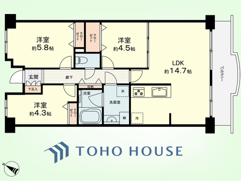 3LDK　専有面積69.15平米、バルコニー面積8.37平米