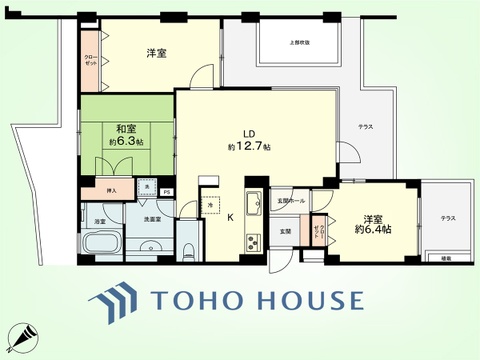 3LDK　専有面積80.12平米、テラス面積20.35平米