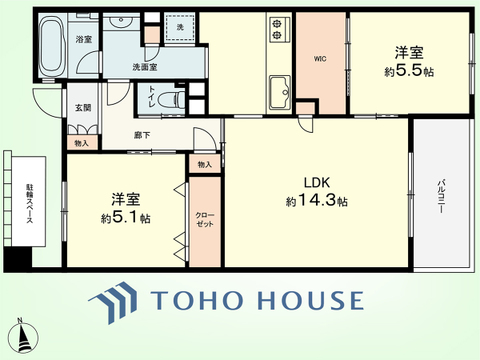 2LDK　専有面積60.74平米、バルコニー面積7.3平米