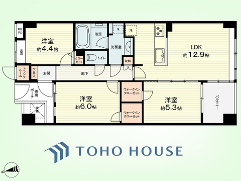 3LDK+TR　専有面積64.87平米、バルコニー面積5.00平米