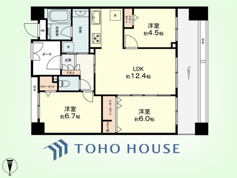 3LDK　専有面積65.65平米、バルコニー面積15.20平米
