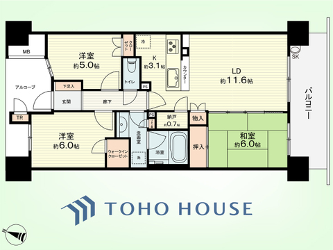 3LDK+TR・納戸　専有面積70.69平米、バルコニー面積12.0平米