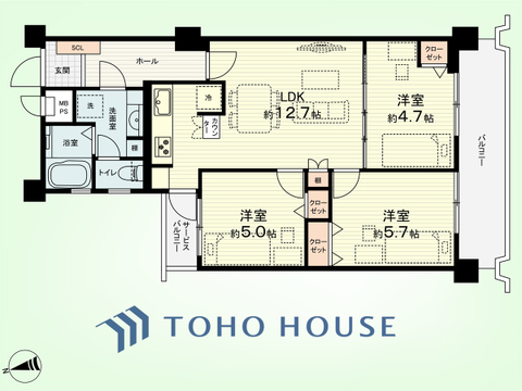 3LDK　専有面積65.50平米、バルコニー面積11.57平米