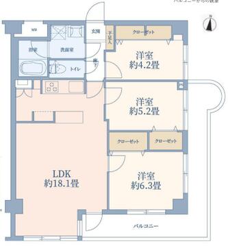 3LDK　専有面積73.47平米、バルコニー面積12.59平米