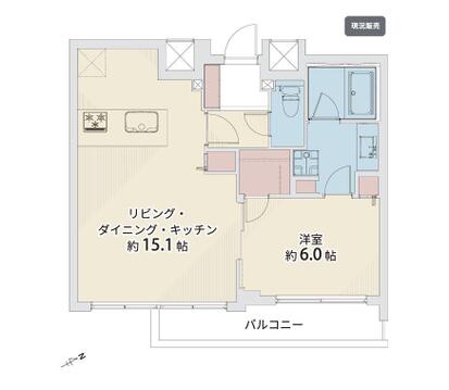 1LDK　専有面積49.82平米、バルコニー面積6平米