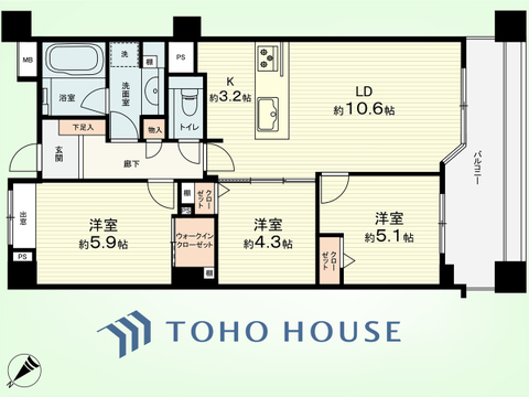 3LDK　専有面積65.82平米、テラス面積11.06平米