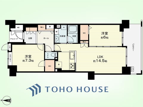 2LDK+TR　専有面積65.43平米、バルコニー面積9.95平米