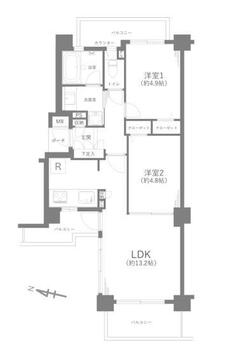 2LDK　専有面積52.09平米、バルコニー面積13.43平米