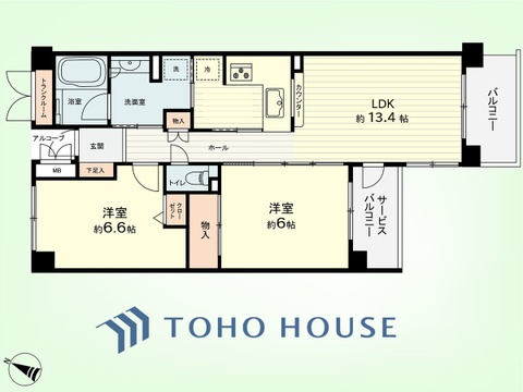 2LDK+TR　専有面積59.47平米、バルコニー面積4.50平米