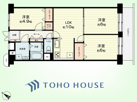 3LDK　専有面積61.60平米、バルコニー面積7.84平米