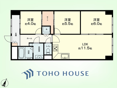 3LDK　専有面積65.04平米、バルコニー面積5.6平米