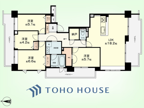 4LDK+納戸　専有面積90.54平米、バルコニー面積30.48平米