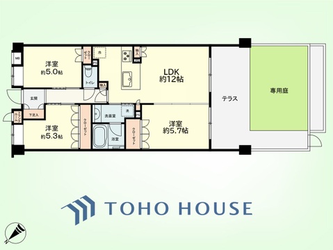 3LDK+TR　専有面積61.02平米、テラス面積11.6平米、専用庭面積16平米