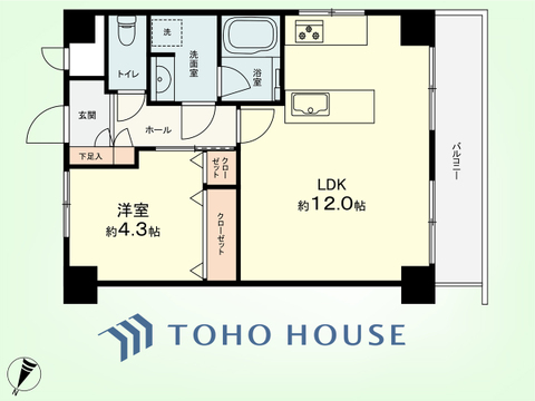 1LDK　専有面積40.15平米、バルコニー面積6.05平米