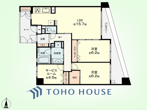 2SLDK+TR　専有面積75.15平米、バルコニー面積12.74平米