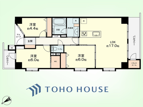 3LDK+TR　専有面積75.56平米、バルコニー面積8.08平米